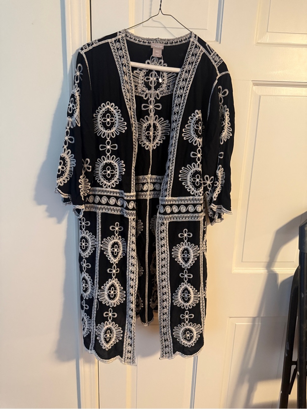 Chico's Black Kimono with White Embroidered Detail